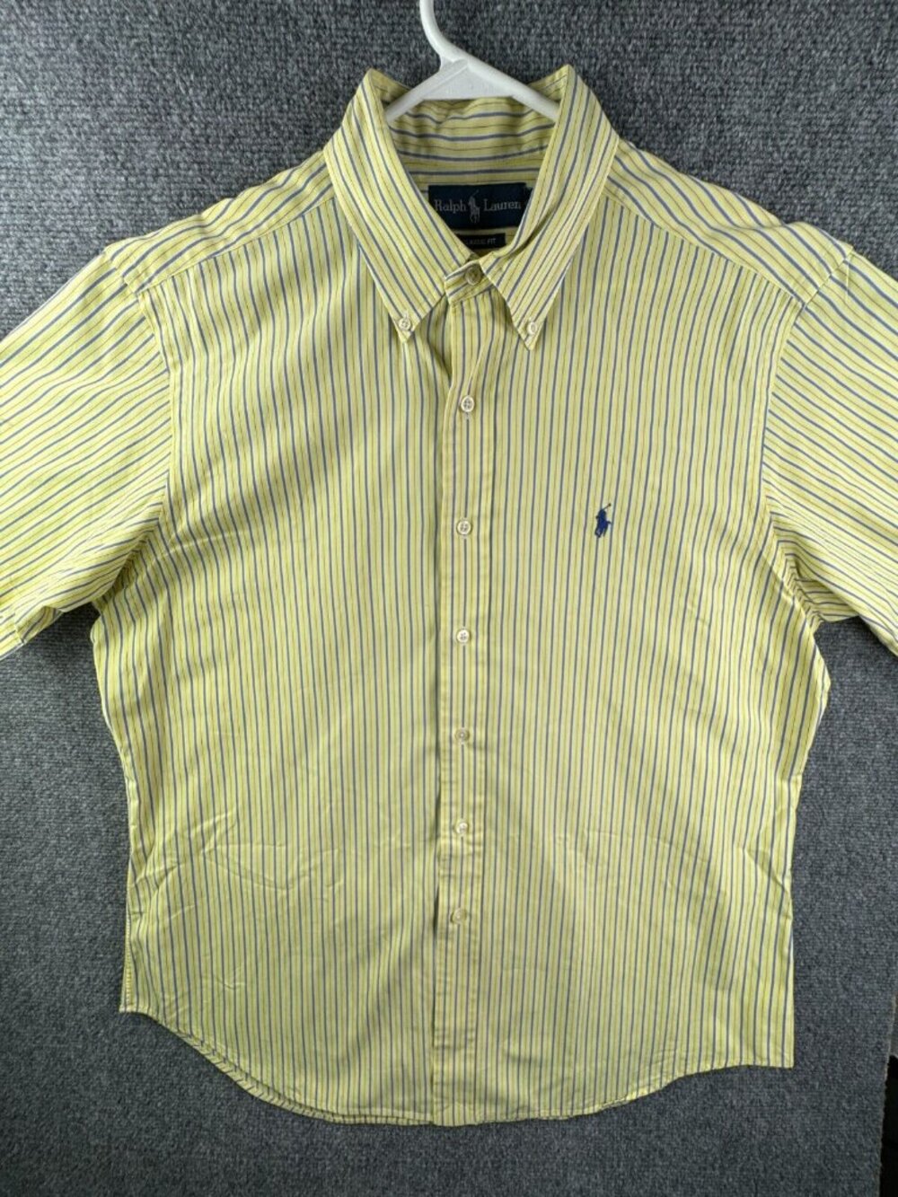 Ralph Lauren Button Up Shirt Men Short Sleeve Yellow Blue Striped Classic Large